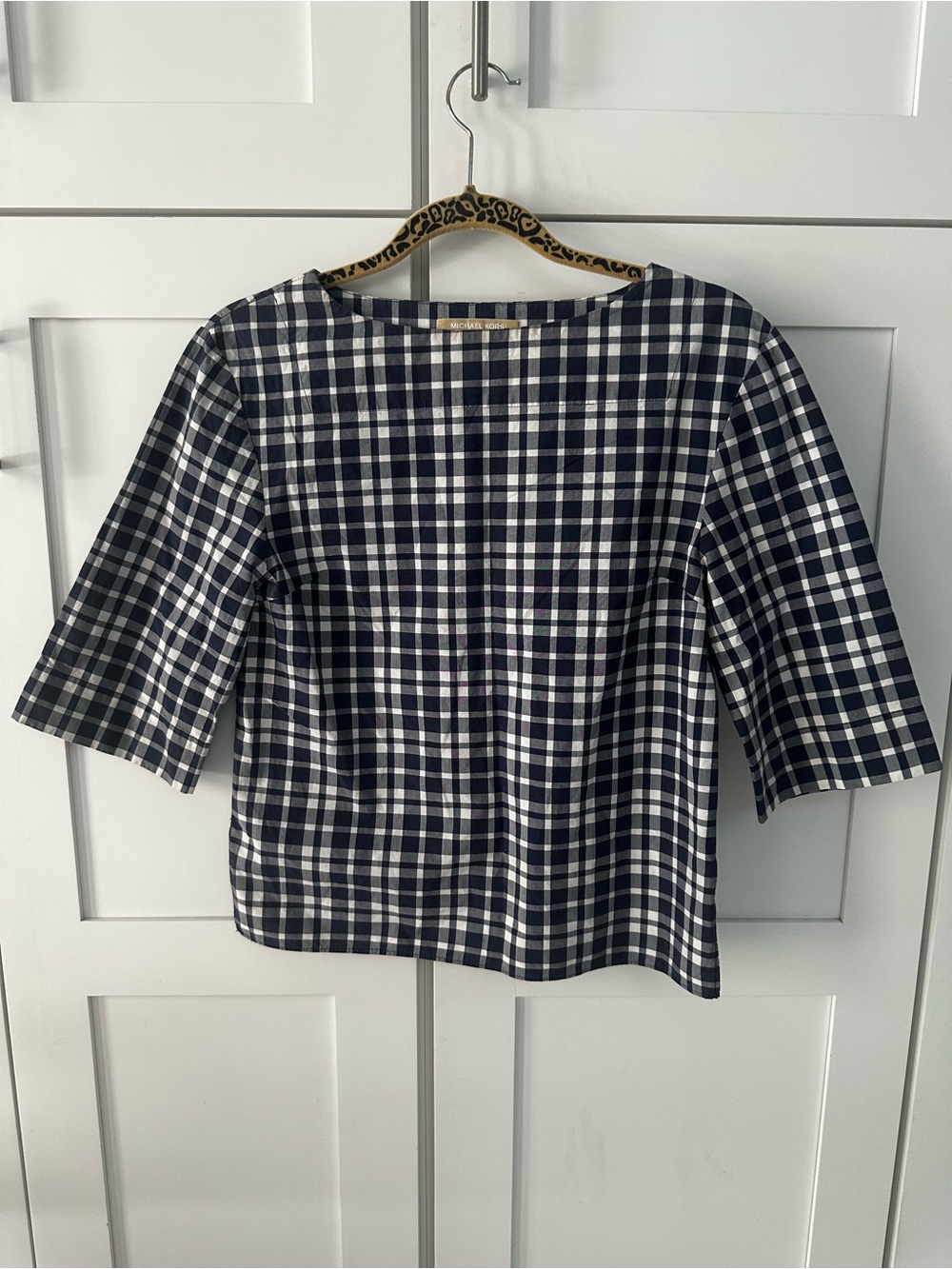 Michael Kors Navy & White Plaid Boatneck Short Sleeve Top